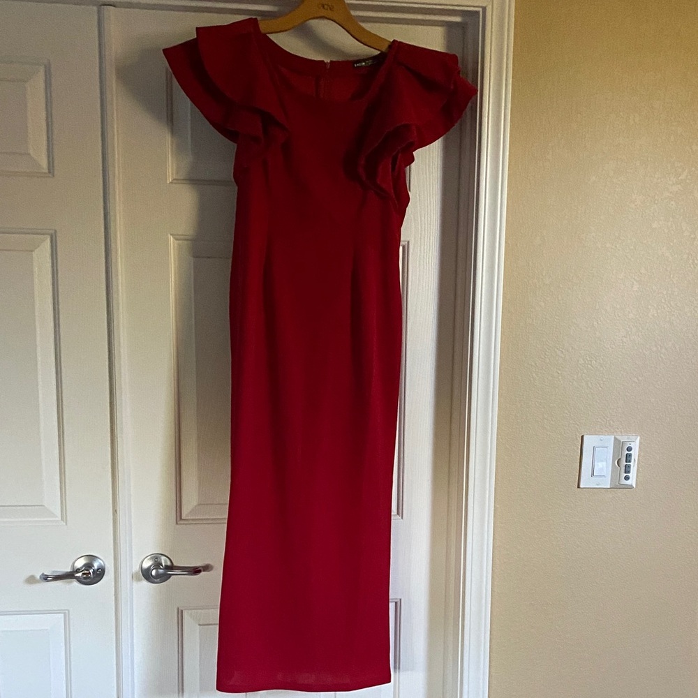 SHEIN Red Midi Dress with Ruffle Sleeves